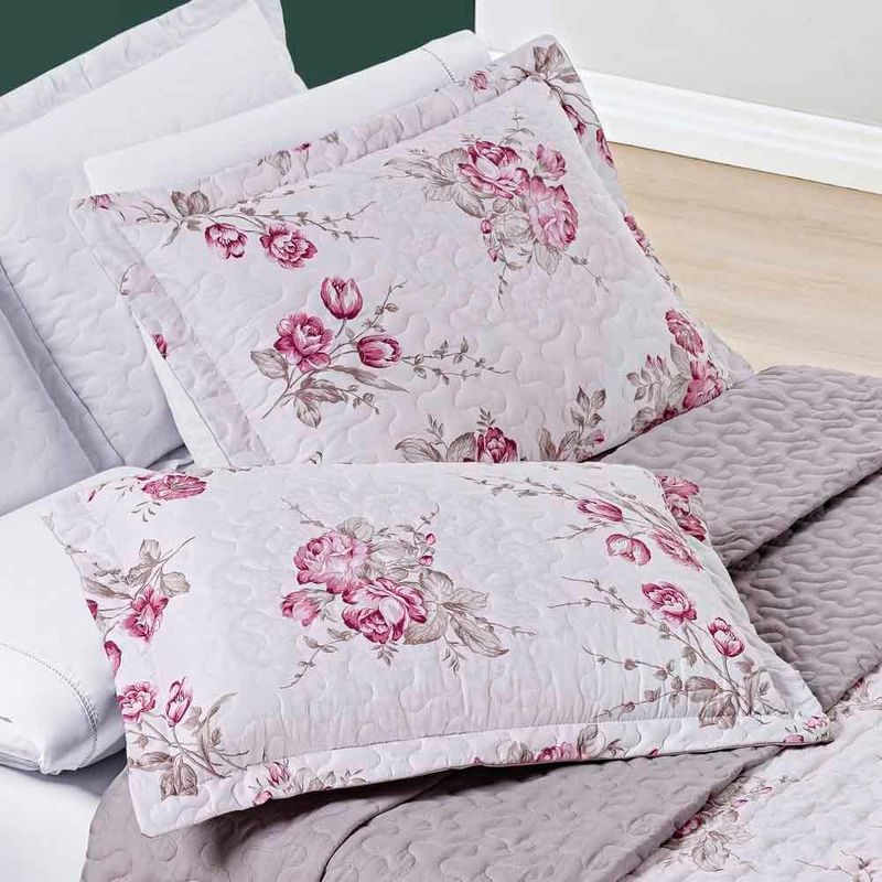 Kit cobre leito colcha celi casal padrão dupla face micropercal 200 fios 3 peças - palha florido