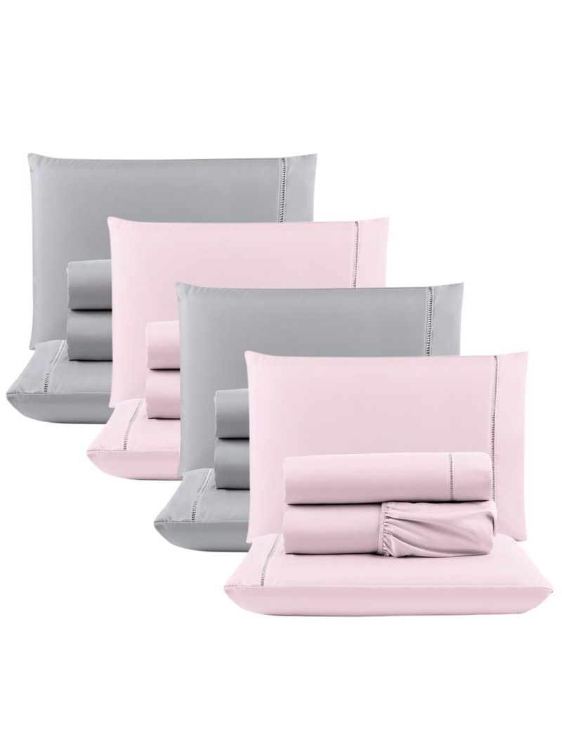 Kit c/ 4 jogos cama lençol unique casal padrão micro percal 400 fios ponto palito 4 peças - rosa + cinza
