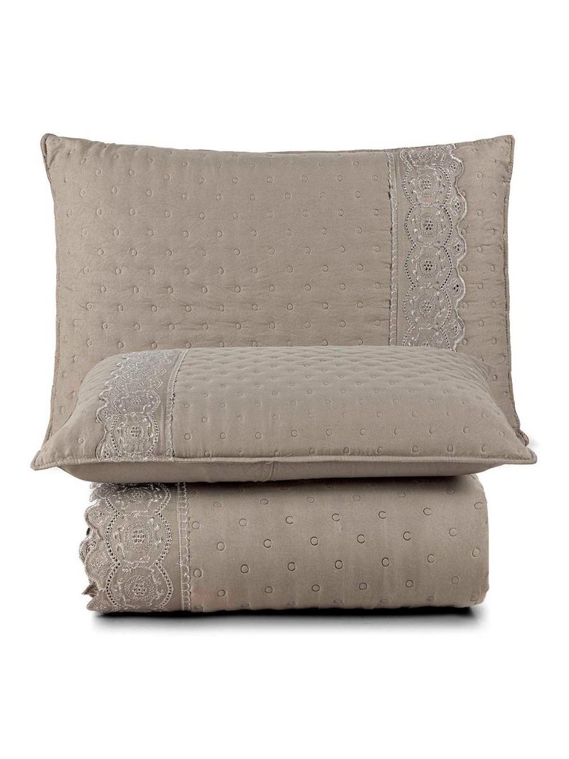 Kit cobre leito colcha bouclê king laise bordada micropercal 200 fios 3 peças - bege taupe