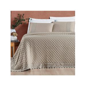 Kit cobre leito colcha bouclê king laise bordada micropercal 200 fios 3 peças - bege taupe