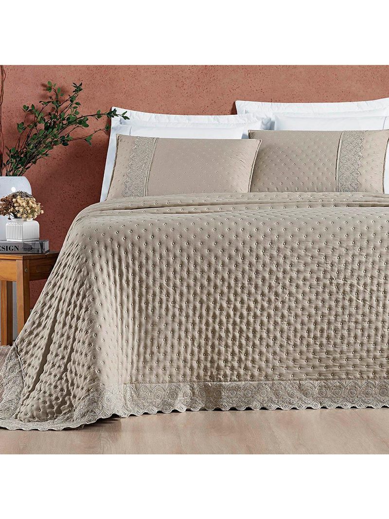 Kit cobre leito colcha bouclê king laise bordada micropercal 200 fios 3 peças - bege taupe
