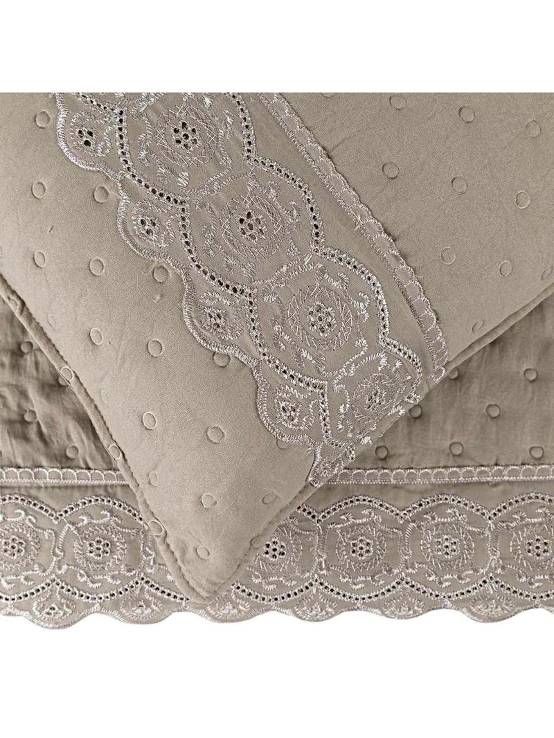 Kit cobre leito colcha bouclê king laise bordada micropercal 200 fios 3 peças - bege taupe