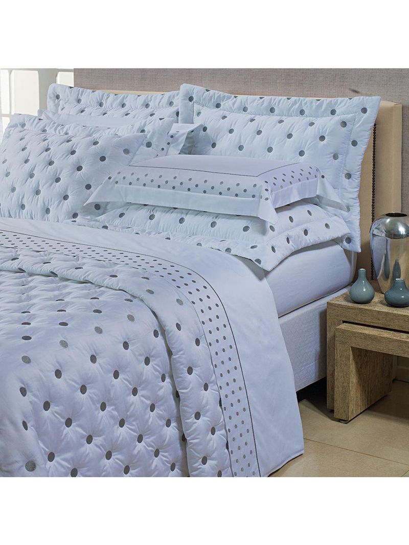 Kit cobre leito colcha garland super king 100% algodão 400 fios acetinado bordado 5 peças - branco e cinza