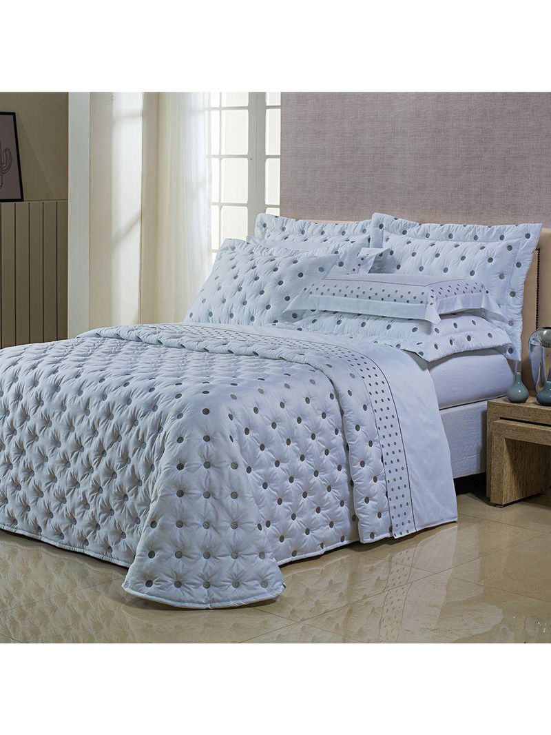 Kit cobre leito colcha garland super king 100% algodão 400 fios acetinado bordado 5 peças - branco e cinza