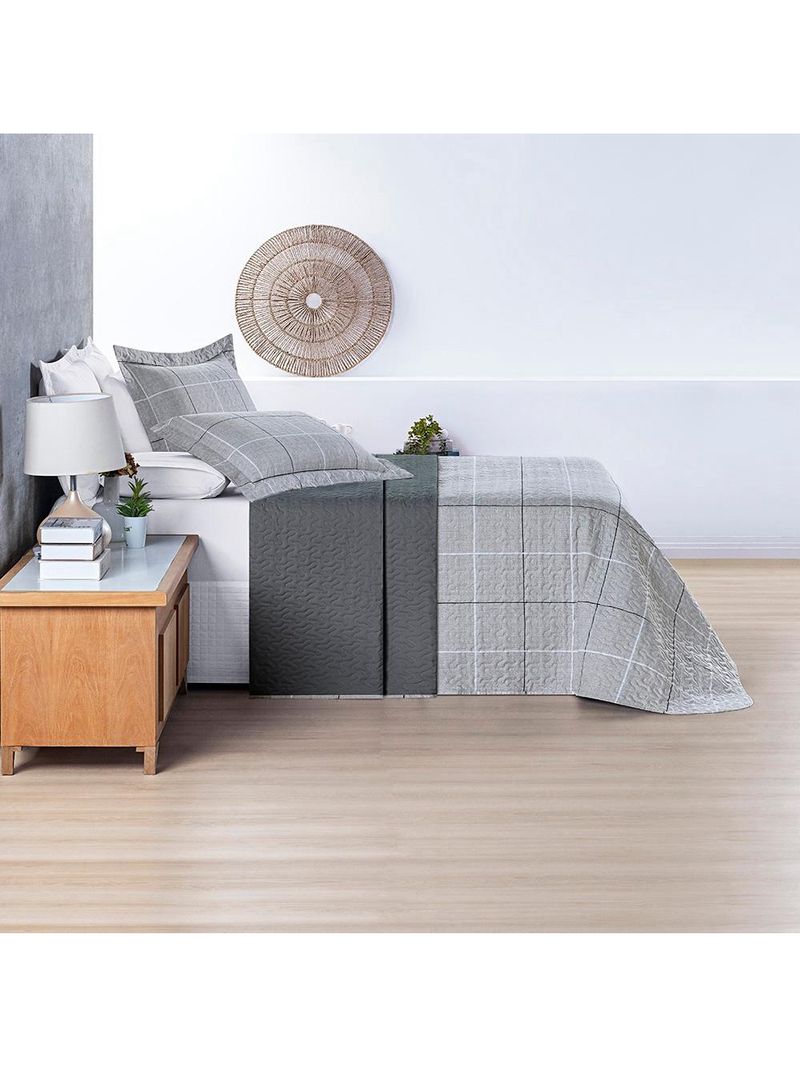 Kit cobre leito colcha celi queen dupla face micropercal 200 fios 3 peças xadrez grid cinza