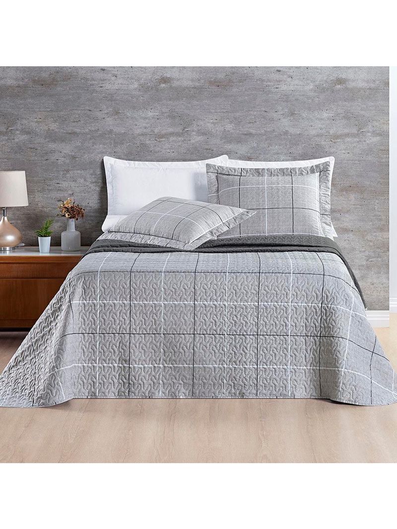 Kit cobre leito colcha celi queen dupla face micropercal 200 fios 3 peças xadrez grid cinza