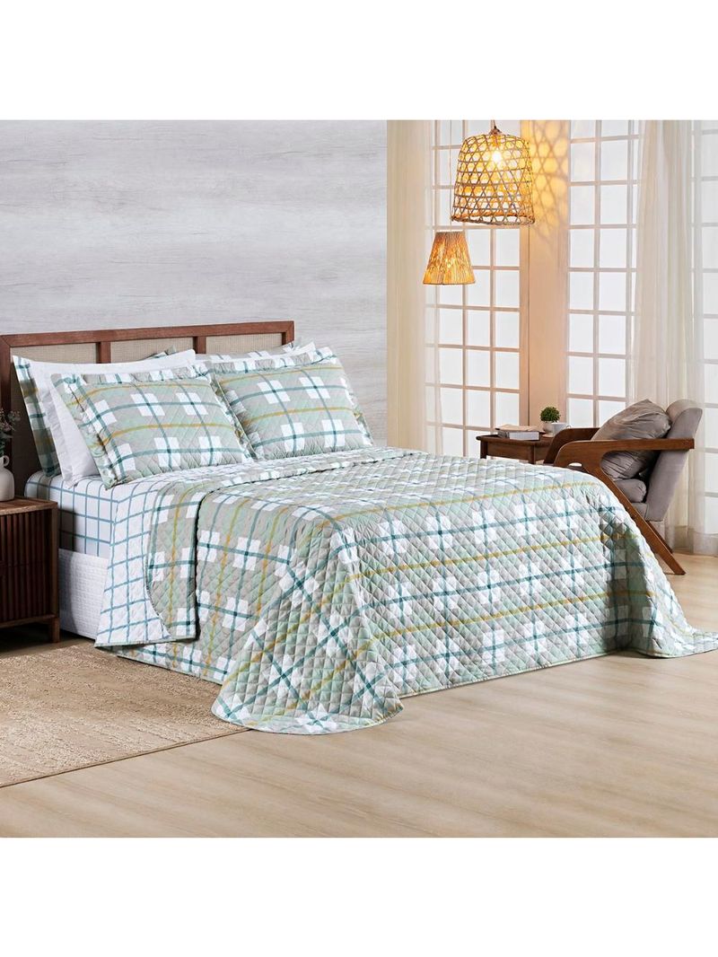 Kit cobre leito colcha belle casal padrão estampado dupla face 400 fios 3 peças grid verde
