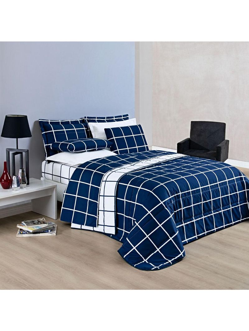 Kit cobre leito colcha brooklyn king quadriculado micropercal 200 fios 3 peças - azul marinho