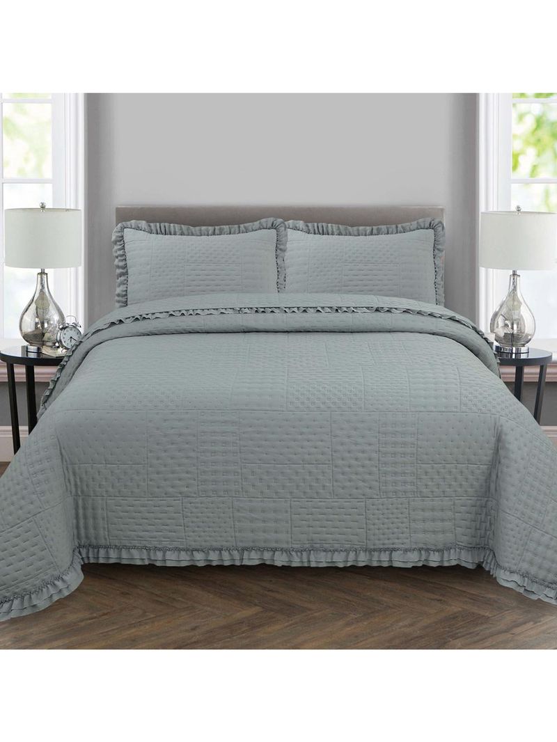 Kit cobre leito colcha maison queen c/ babado percal 300 fios 3 peças - cinza