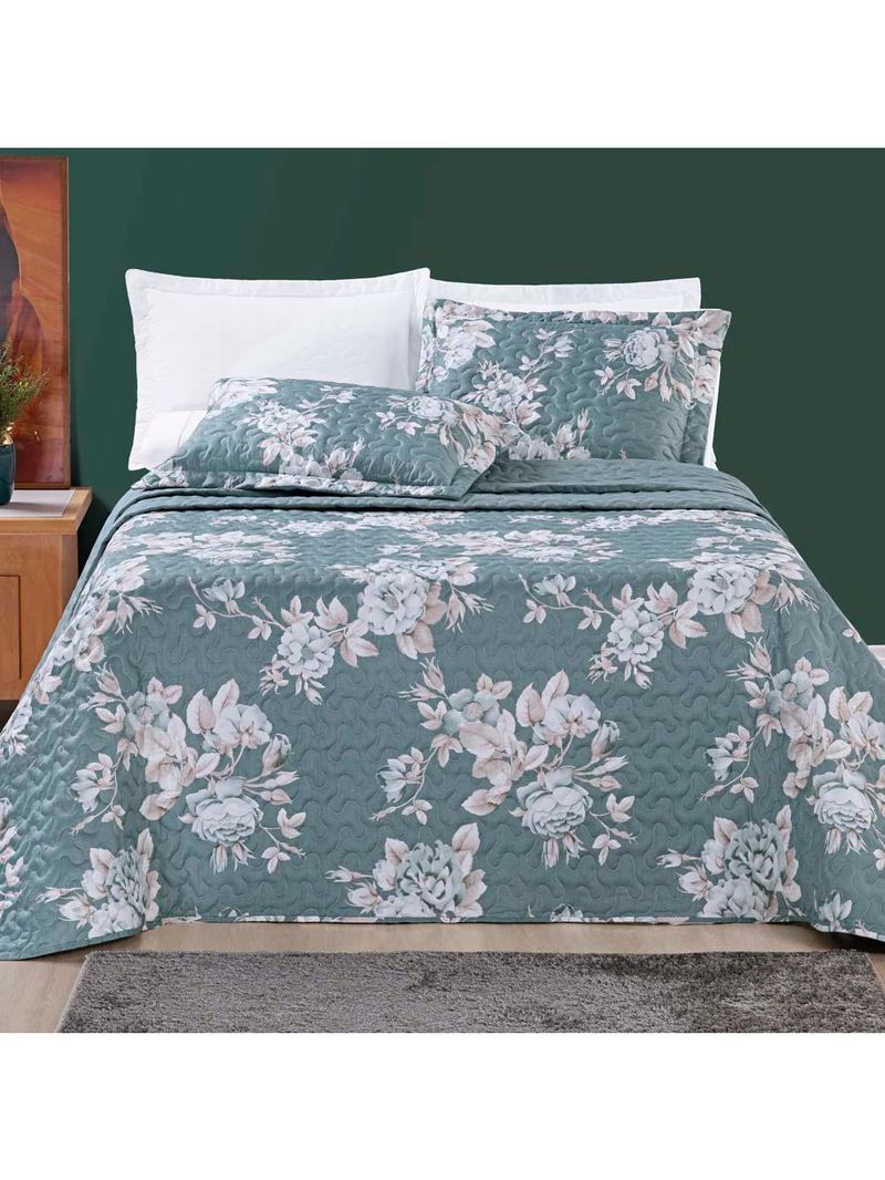 Kit cobre leito colcha celi queen dupla face micropercal 200 fios 3 peças - verde floral