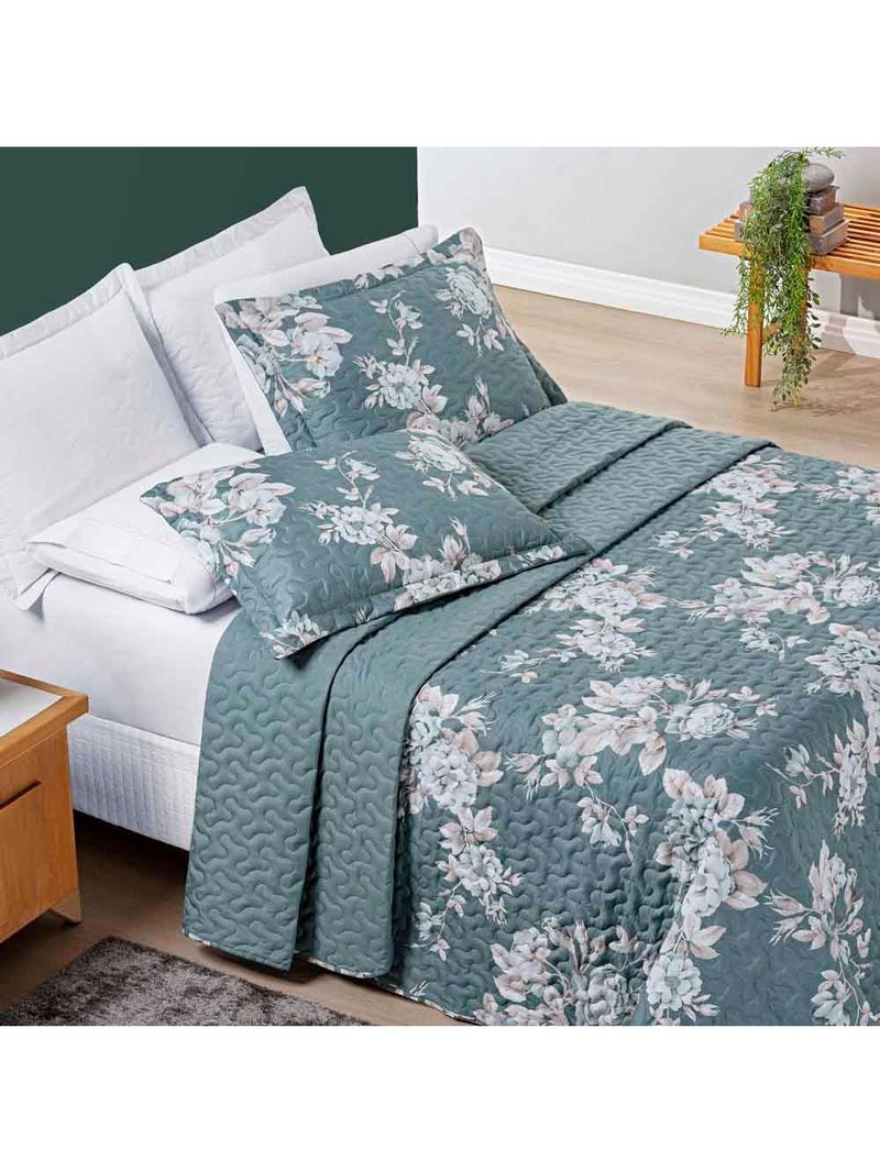 Kit cobre leito colcha celi queen dupla face micropercal 200 fios 3 peças - verde floral