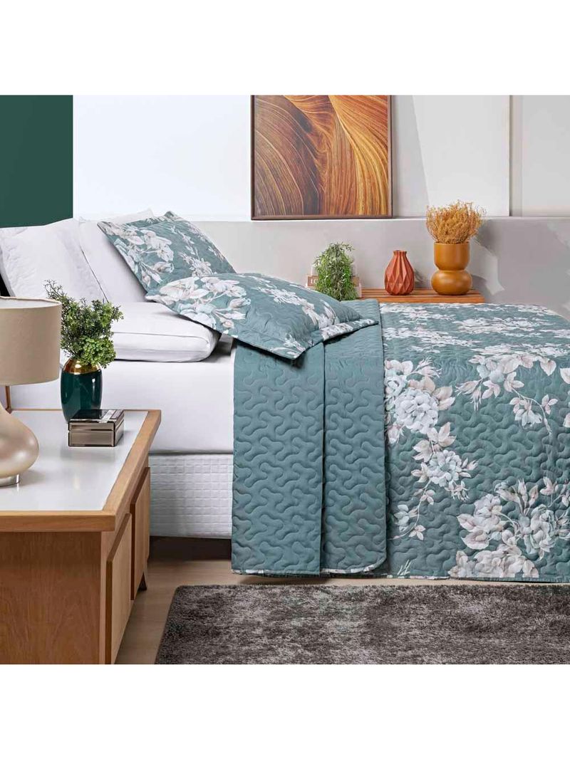 Kit cobre leito colcha celi queen dupla face micropercal 200 fios 3 peças - verde floral