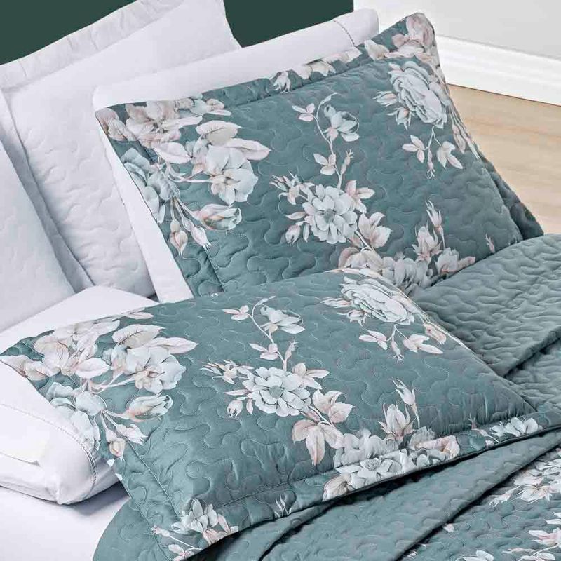Kit cobre leito colcha celi queen dupla face micropercal 200 fios 3 peças - verde floral