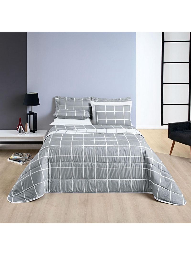 Kit cobre leito colcha brooklyn king quadriculado micropercal 200 fios 3 peças - cinza
