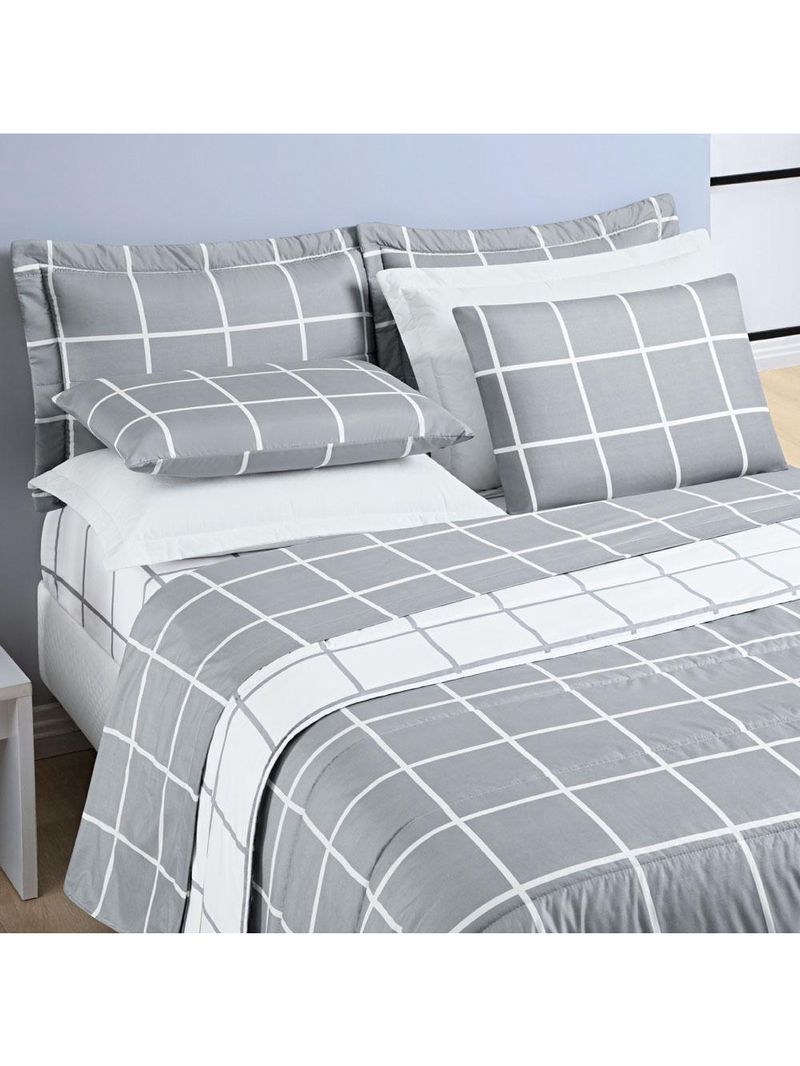 Kit cobre leito colcha brooklyn king quadriculado micropercal 200 fios 3 peças - cinza