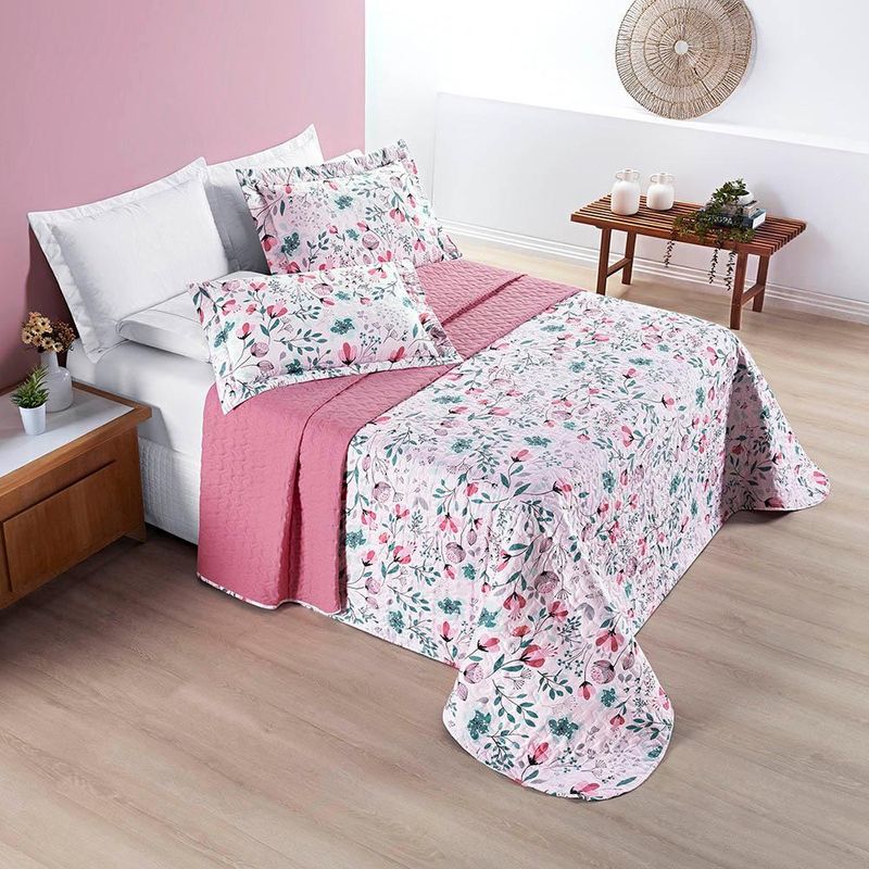 Kit cobre leito colcha celi queen dupla face micropercal 200 fios 3 peças bothanica floral rosa