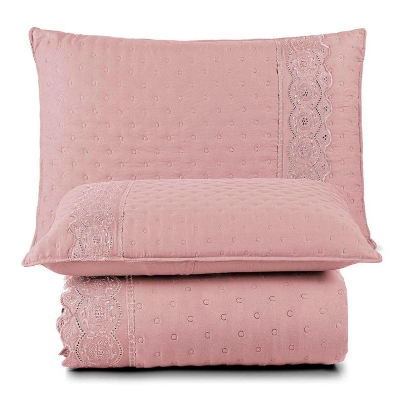 Kit cobre leito colcha bouclê king laise bordada micropercal 200 fios 3 peças - sal rosa