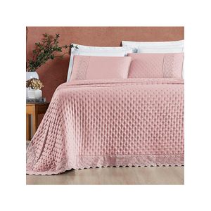 Kit cobre leito colcha bouclê king laise bordada micropercal 200 fios 3 peças - sal rosa