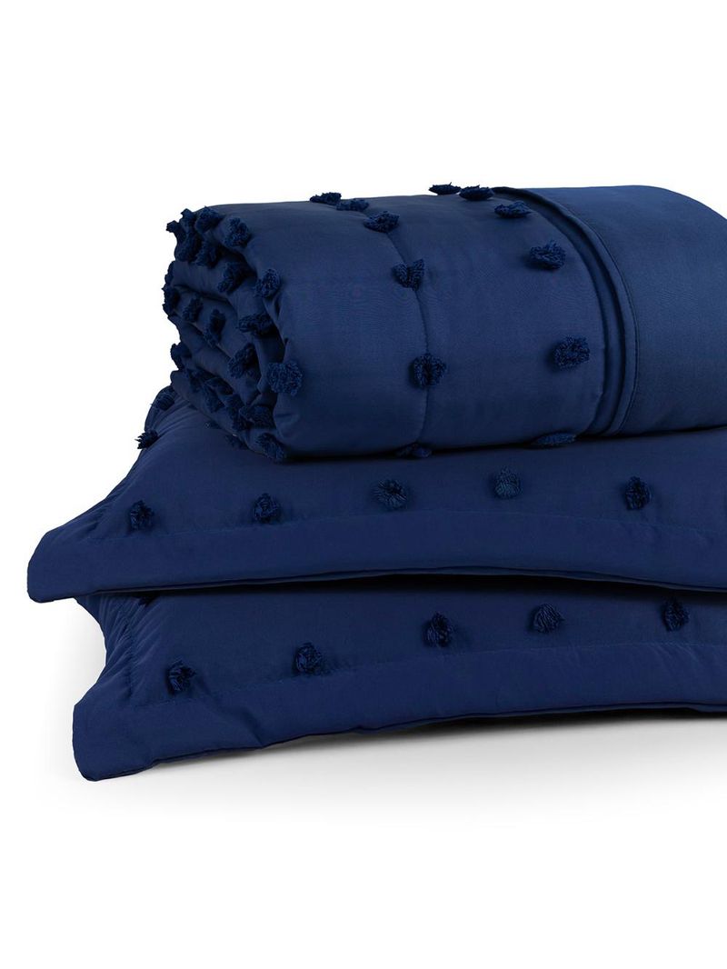 Kit cobre leito colcha alexa pompom casal padrão dupla face micropercal 3 peças - azul marinho