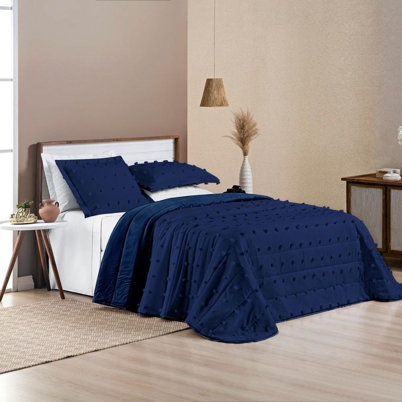 Kit cobre leito colcha alexa pompom casal padrão dupla face micropercal 3 peças - azul marinho