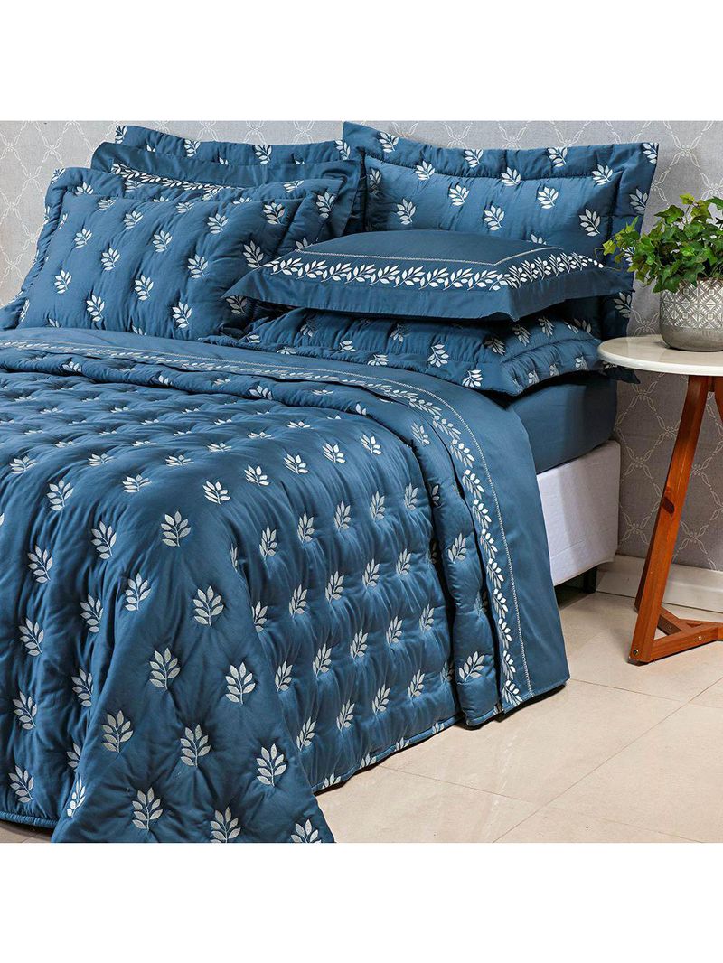 Kit cobre leito colcha garland super king 100% algodão 400 fios acetinado bordado 5 peças - azul marinho