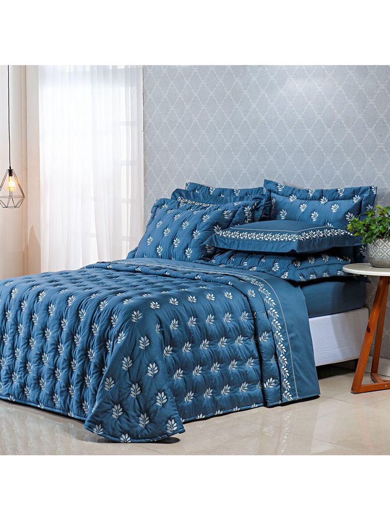 Kit cobre leito colcha garland super king 100% algodão 400 fios acetinado bordado 5 peças - azul marinho