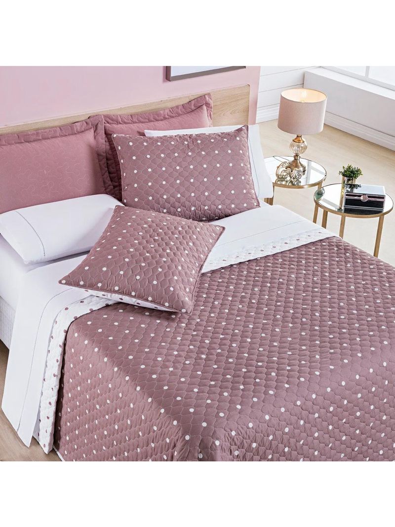 Kit cobre leito colcha meggy poá king dupla face micropercal 200 fios 3 peças - rosê