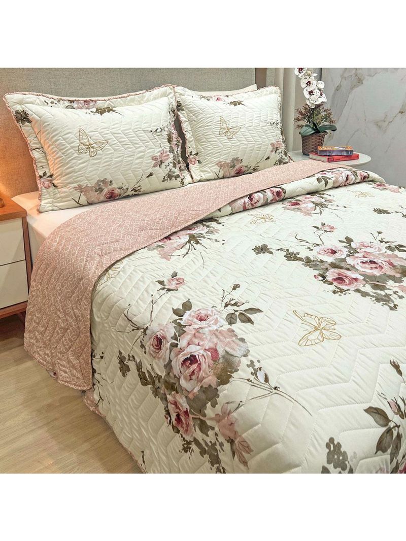 Kit cobre leito colcha classics king dupla face percal 300 fios estampado 3 peças - flores rosê