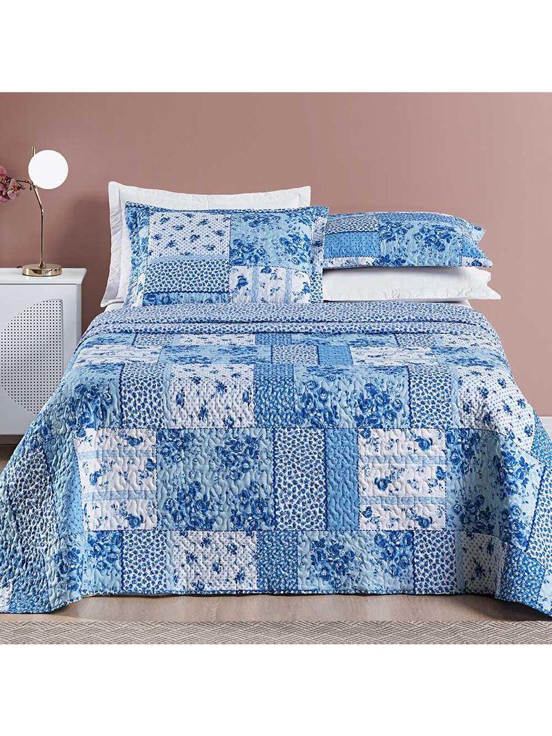 Kit cobre leito colcha dallas king dupla face estampada 3 peças - azul sereno patchwork