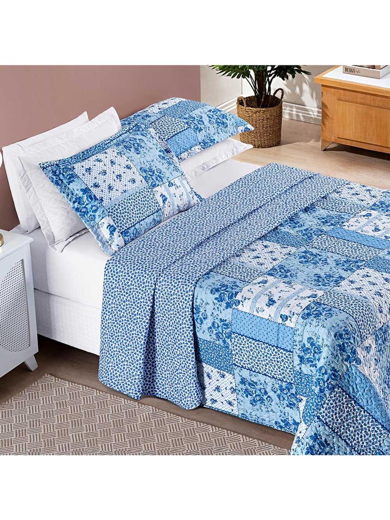 Kit cobre leito colcha dallas king dupla face estampada 3 peças - azul sereno patchwork