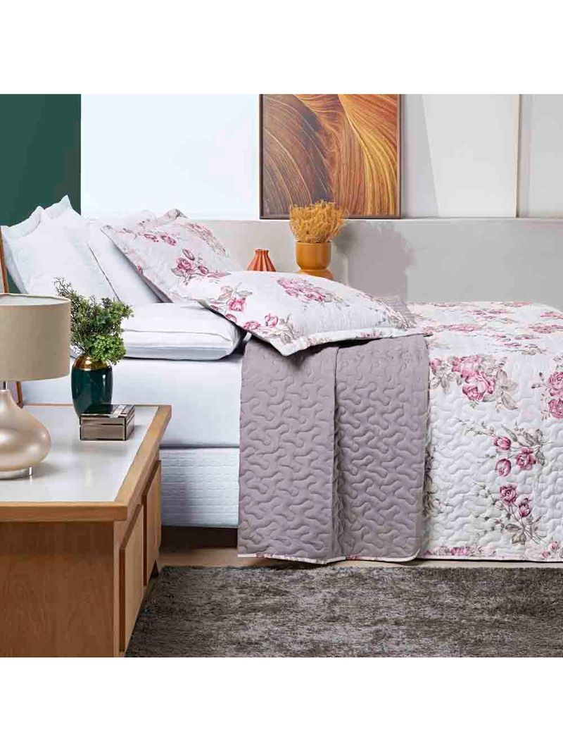 Kit cobre leito colcha celi queen dupla face micropercal 200 fios 3 peças - palha florido