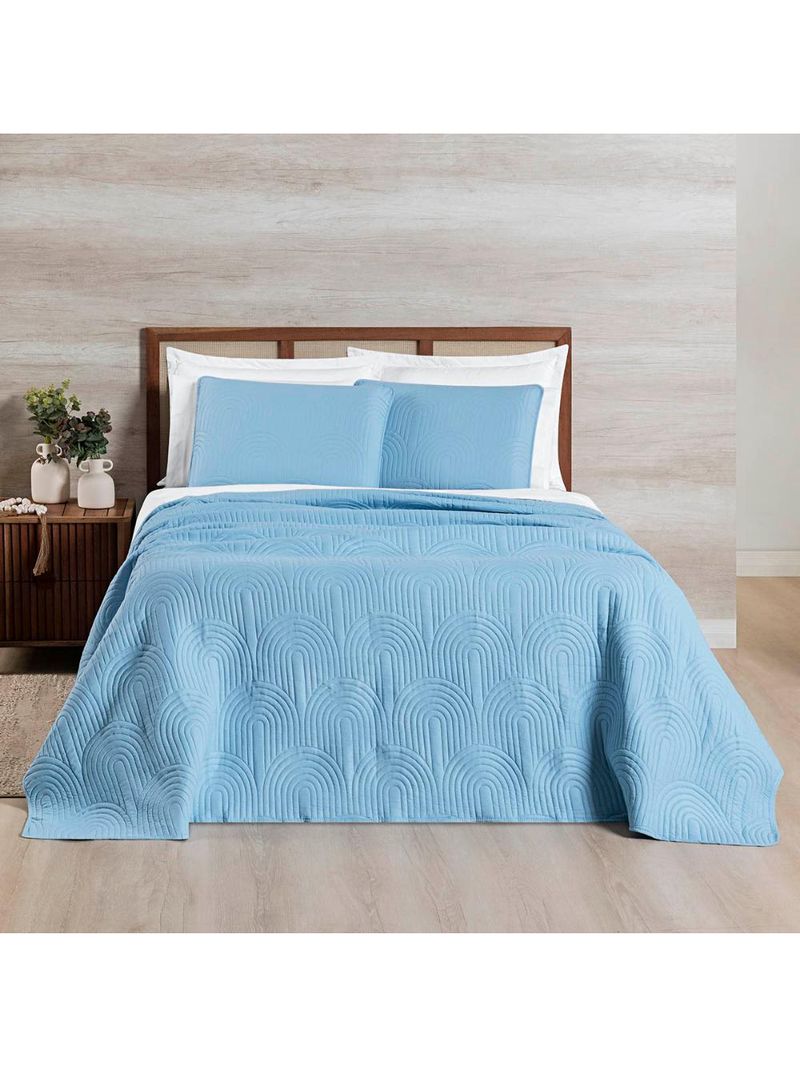 Kit cobre leito colcha arcos queen dupla face matelado 200 fios 3 peças azul claro