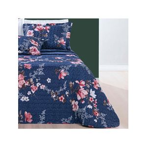 Kit cobre leito colcha celi solteiro dupla face micropercal 200 fios 2 peças - azul marinho floral