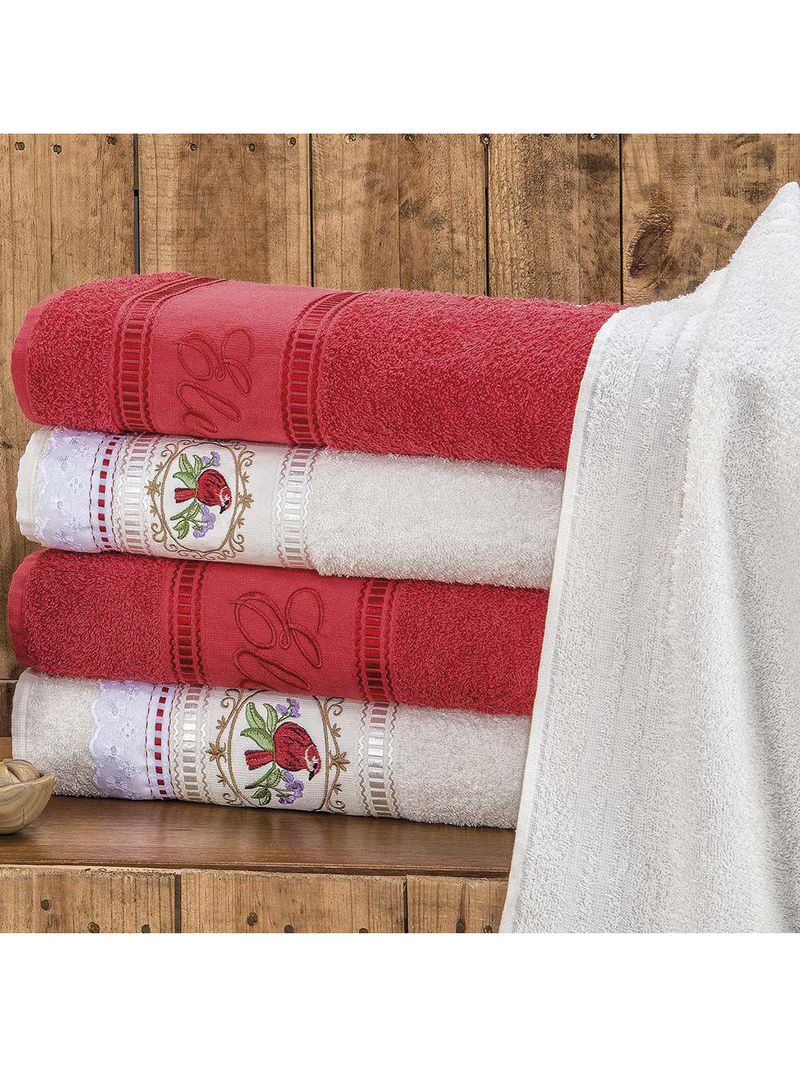 Jogo de toalhas de banho bordado ponto russo pássaros 100% algodão 5 peças - vermelho