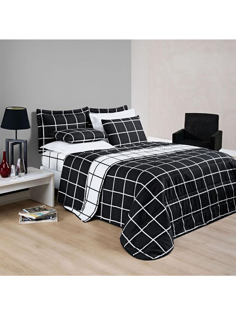 Kit cobre leito colcha brooklyn casal quadriculado micropercal 200 fios 3 peças - preto