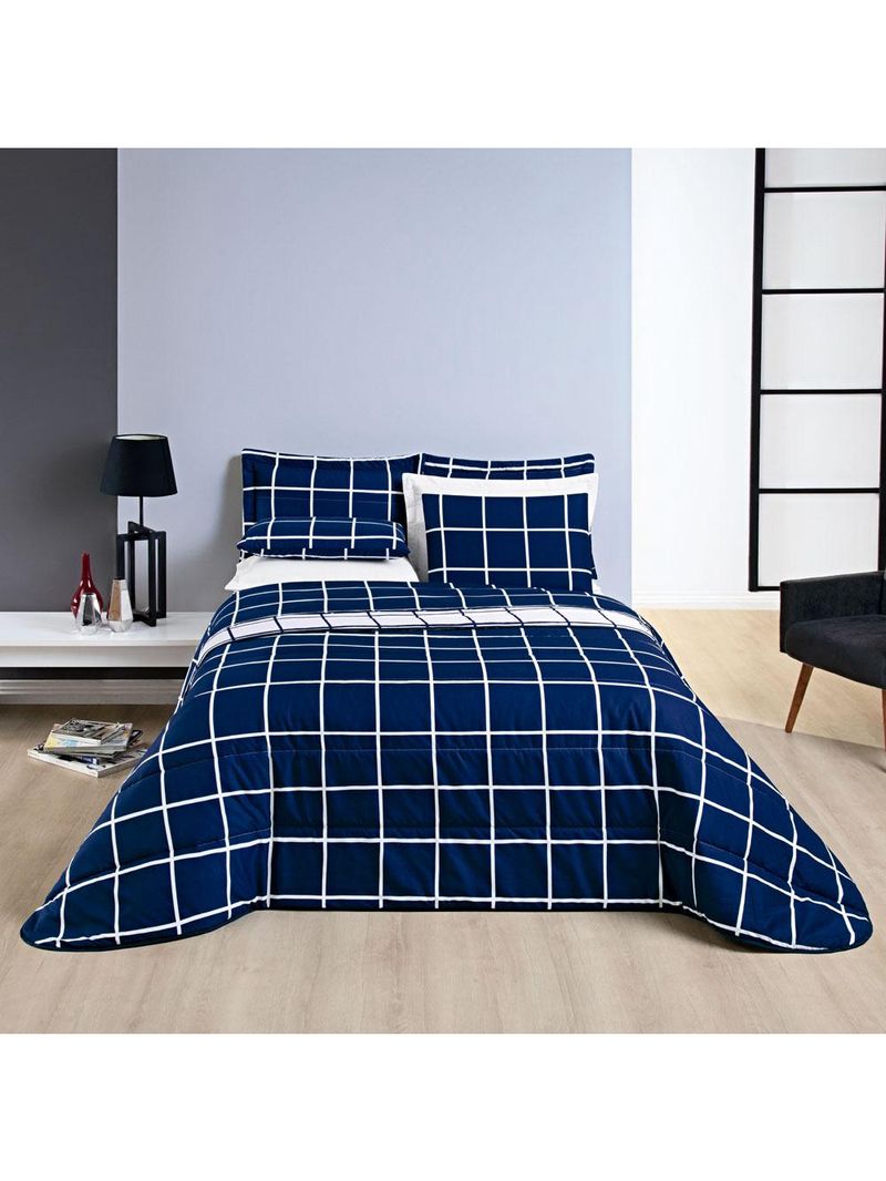 Kit cobre leito colcha brooklyn solteiro quadriculado micropercal 200 fios 2 peças - azul marinho
