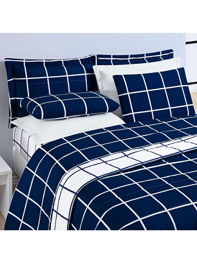 Kit cobre leito colcha brooklyn solteiro quadriculado micropercal 200 fios 2 peças - azul marinho