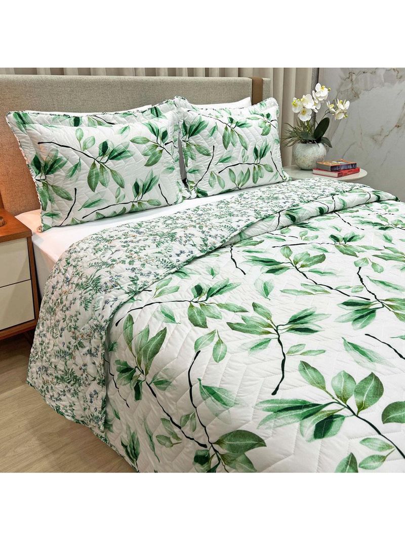 Kit cobre leito colcha classics king dupla face percal 300 fios estampado 3 peças - flores verde