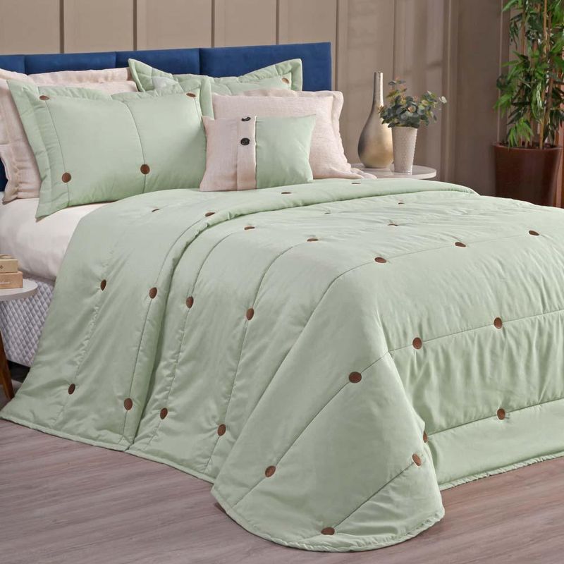 Kit cobre leito colcha button queen 200 fios bordado 7 peças - verde