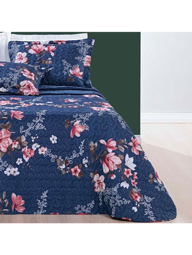Kit cobre leito colcha celi casal padrão dupla face micropercal 200 fios 3 peças - azul marinho floral