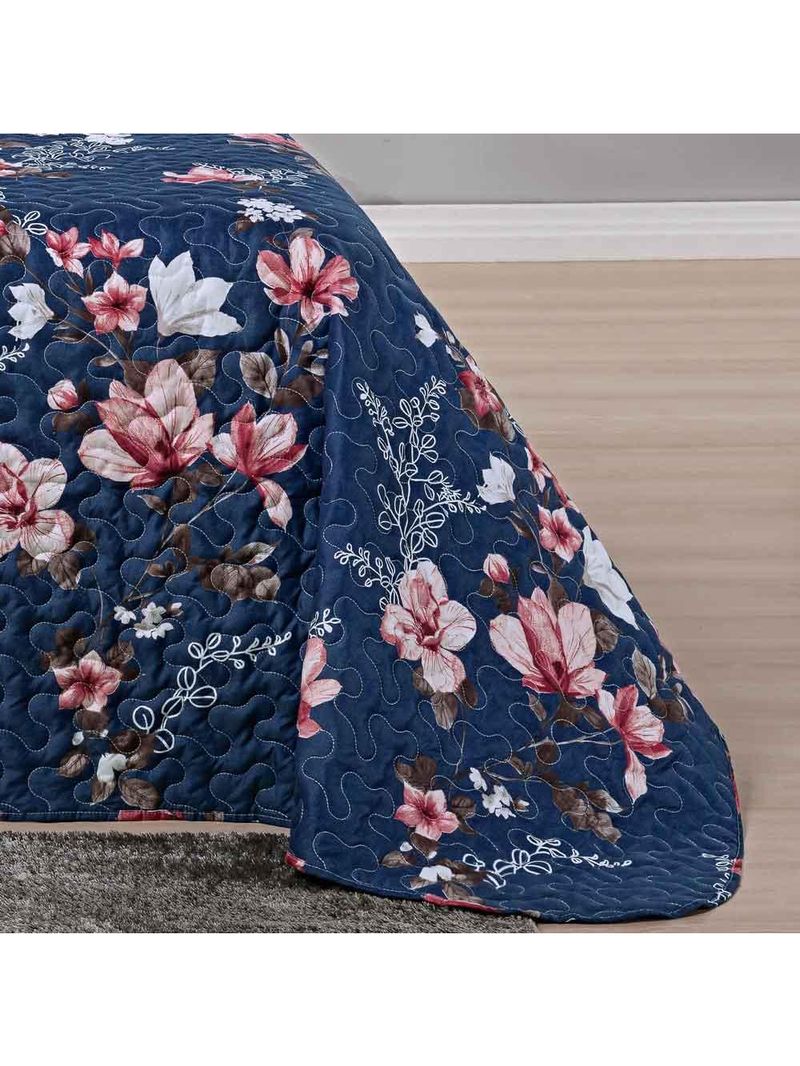 Kit cobre leito colcha celi casal padrão dupla face micropercal 200 fios 3 peças - azul marinho floral