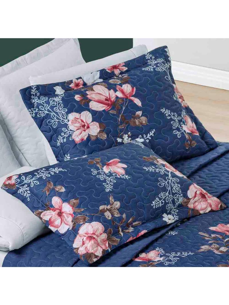 Kit cobre leito colcha celi casal padrão dupla face micropercal 200 fios 3 peças - azul marinho floral