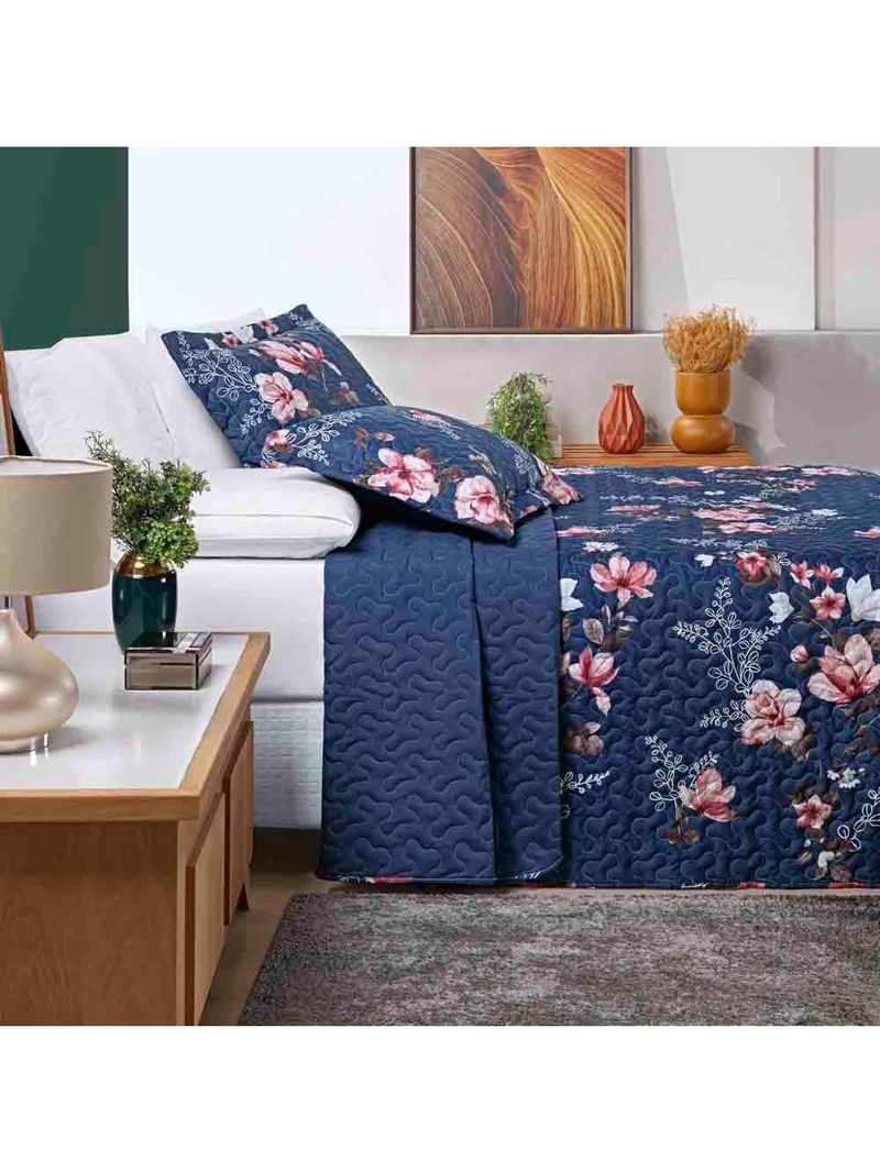 Kit cobre leito colcha celi casal padrão dupla face micropercal 200 fios 3 peças - azul marinho floral