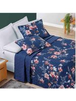 Kit cobre leito colcha celi casal padrão dupla face micropercal 200 fios 3 peças - azul marinho floral