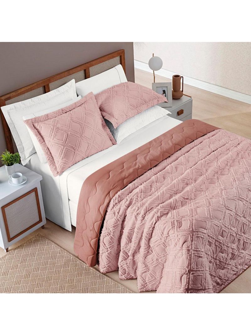 Kit cobre leito colcha adele king dupla face micropercal 300 fios 3 peças - rosê