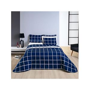 Kit cobre leito colcha brooklyn queen quadriculado micropercal 200 fios 3 peças - azul marinho