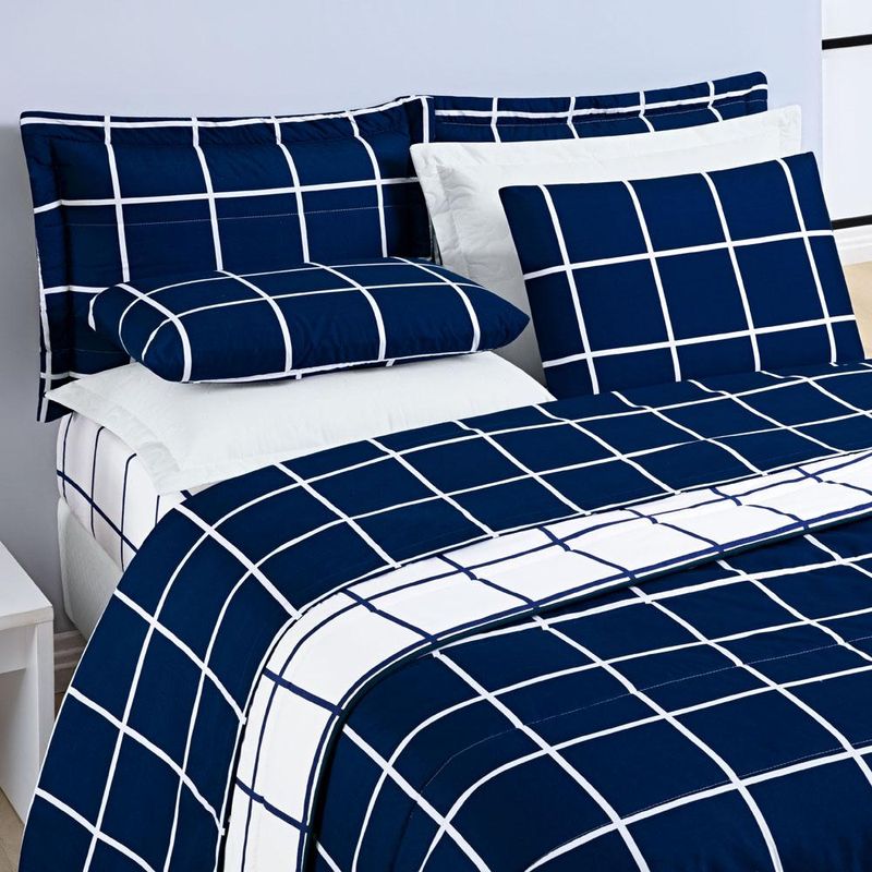 Kit cobre leito colcha brooklyn queen quadriculado micropercal 200 fios 3 peças - azul marinho