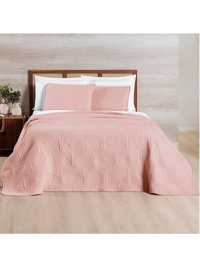 Kit cobre leito colcha arcos king dupla face matelado 200 fios 3 peças rosa