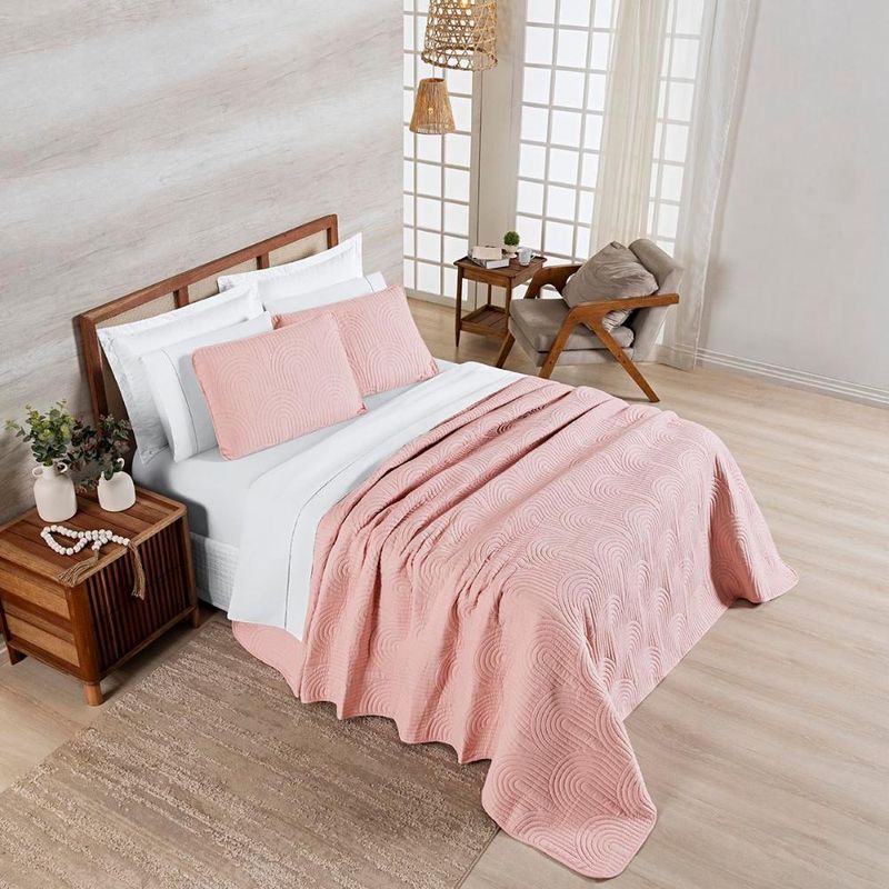 Kit cobre leito colcha arcos king dupla face matelado 200 fios 3 peças rosa