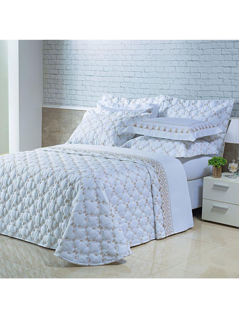 Kit cobre leito colcha garland queen 100% algodão 400 fios acetinado bordado 5 peças - branco